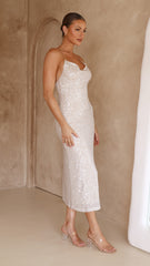 Cher Maxi Dress - Silver/Nude Sequins