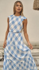 Clover Flutter Maxi Dress - Azure Blue Check