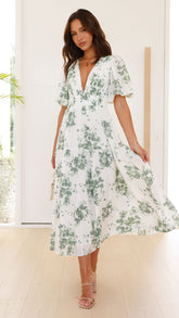 Erin Midi Dress - Green/White Floral