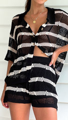 Hachiro Button Up Shirt and Shorts Set - Black / Beige Stripe