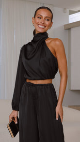 Esther One Shoulder Long Sleeve Top - Black