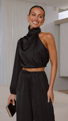 Esther One Shoulder Long Sleeve Top - Black
