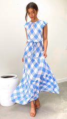 Clover Flutter Maxi Dress - Azure Blue Check