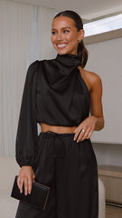 Esther One Shoulder Long Sleeve Top - Black