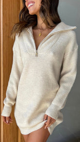 Billie Long Sleeve Mini Dress - Beige