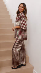Monique Button Up Shirt and Pants Set - Brown/Beige Spot