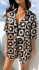 Charice Button Up Shirt and Shorts Set - Black/Beige