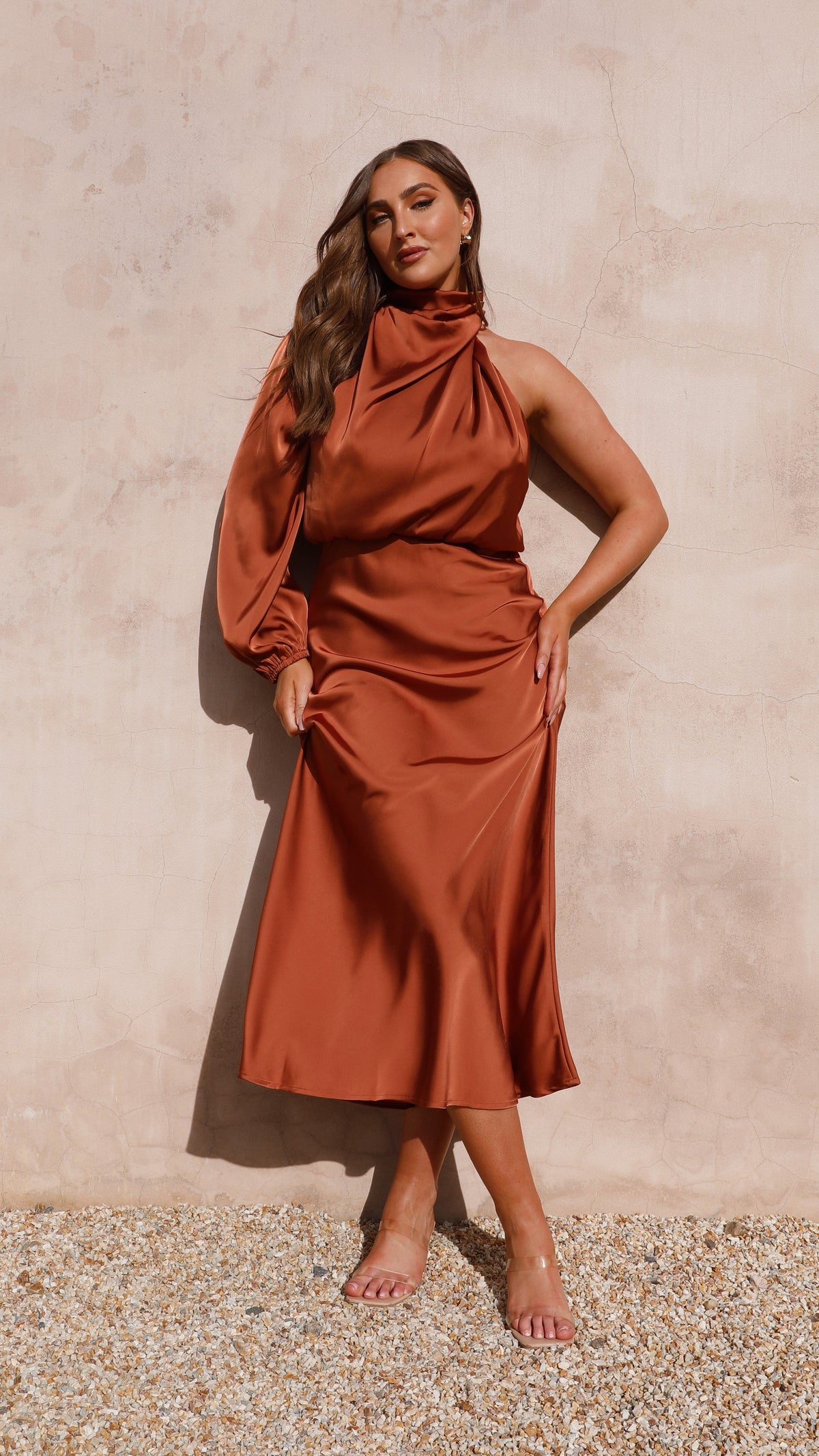 Esther One Shoulder Long Sleeve Dress - Copper