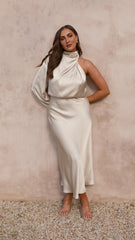 Esther One Shoulder Long Sleeve Dress - Champagne