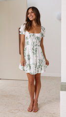 Malilah Mini Dress - Green/White Print