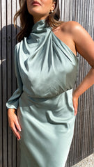 Esther One Shoulder Long Sleeve Dress - Green