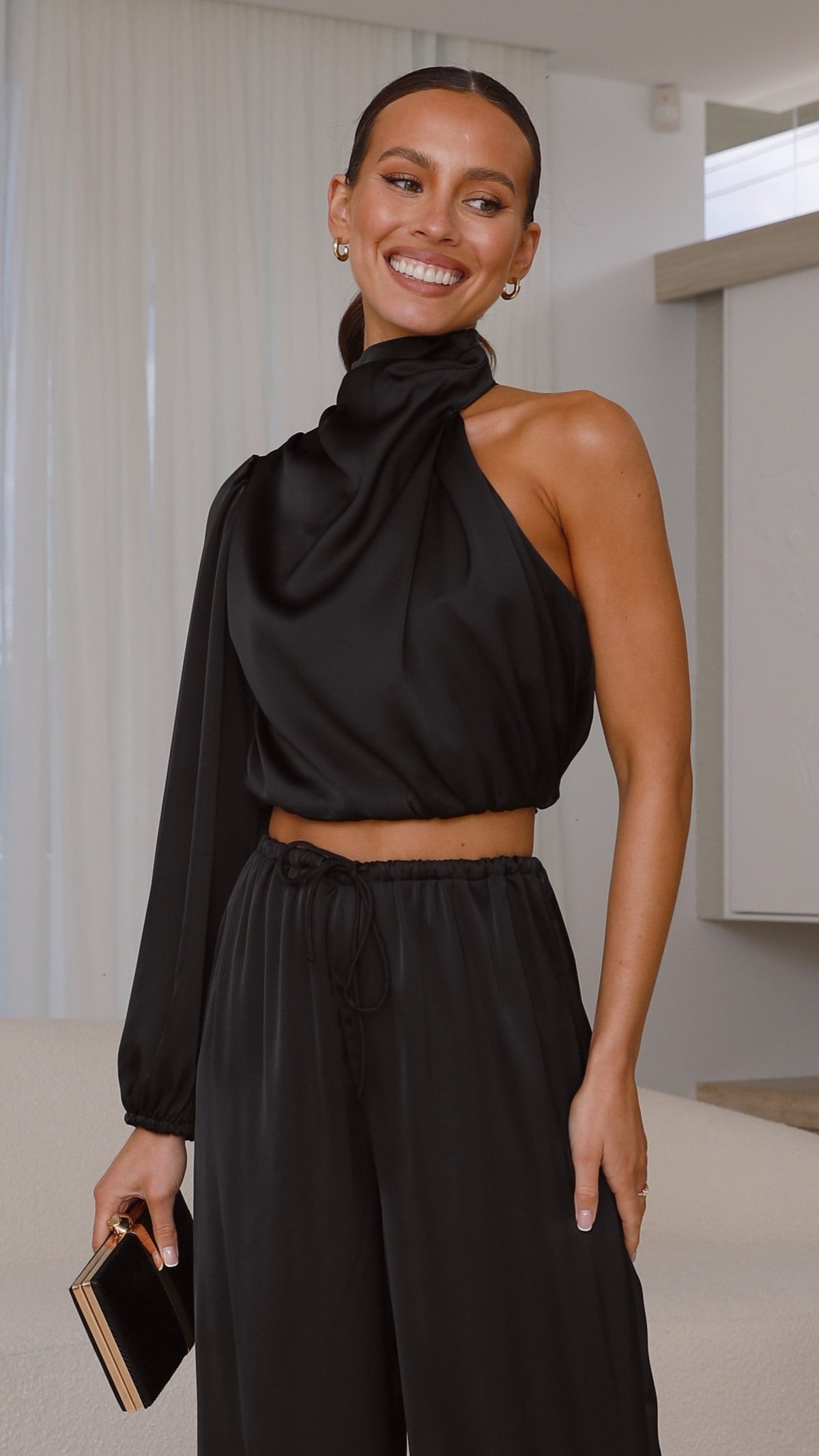 Esther One Shoulder Long Sleeve Top - Black