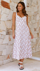 Ibiza V-Neck Maxi Dress - Beige Print