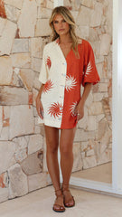 Kyra Mini Dress - Rust/Cream Sun Print