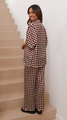 Monique Button Up Shirt and Pants Set - Brown/Beige Spot