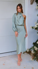 Esther One Shoulder Long Sleeve Dress - Green